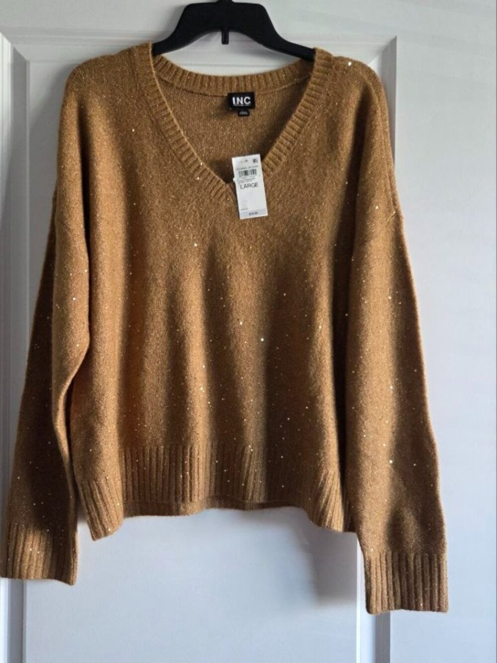 $79 I.N.C International Concepts Roving Sequin V-Neck Sweater Warm Toffee Sz L